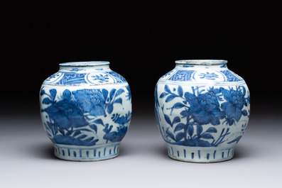 A pair of Chinese blue and white 'birds among blossoming branches' jars, Wanli