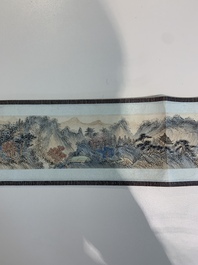 In the manner of Pu Xinyu 溥心畬 (1896-1963): 'Temple in the mountains', ink and colour on paper, with a hongmu wooden box