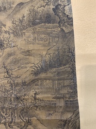 Chinese school: 'Mountainous landscape', ink and colour on silk, Qing or later