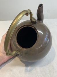 Three Chinese Thai market polished Yixing stoneware teapots with brass mounts, 19th C.