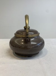 Three Chinese Thai market polished Yixing stoneware teapots with brass mounts, 19th C.