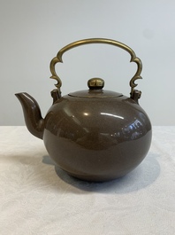 Three Chinese Thai market polished Yixing stoneware teapots with brass mounts, 19th C.