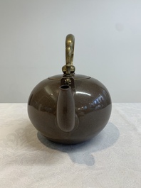 Three Chinese Thai market polished Yixing stoneware teapots with brass mounts, 19th C.
