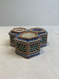 A rare Chinese famille rose reticulated hexagonal inkwell, Qianlong