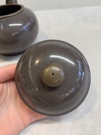 Three Chinese Thai market polished Yixing stoneware teapots with brass mounts, 19th C.