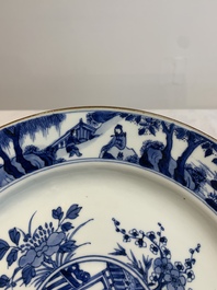 A Chinese blue and white 'heightened medallion' dish and a 'hunting' dish, Chenghua mark, Kangxi/Yongzheng