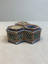 A rare Chinese famille rose reticulated hexagonal inkwell, Qianlong