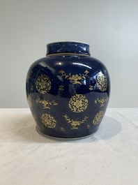 A Chinese gilt-decorated blue-ground jar and cover with floral design, Qianlong