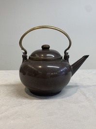 Three Chinese Thai market polished Yixing stoneware teapots with brass mounts, 19th C.
