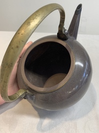 Three Chinese Thai market polished Yixing stoneware teapots with brass mounts, 19th C.