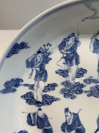 A pair of Chinese blue and white 'Eight Immortals' plates, Kangxi mark, 19th C.