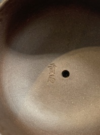 Three Chinese Thai market polished Yixing stoneware teapots with brass mounts, 19th C.