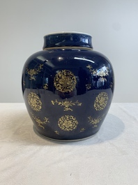 A Chinese gilt-decorated blue-ground jar and cover with floral design, Qianlong