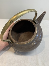 Three Chinese Thai market polished Yixing stoneware teapots with brass mounts, 19th C.