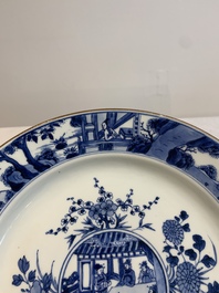 A Chinese blue and white 'heightened medallion' dish and a 'hunting' dish, Chenghua mark, Kangxi/Yongzheng