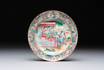 A pair of Chinese Canton famille rose armorial plates, 19th C.
