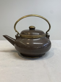 Three Chinese Thai market polished Yixing stoneware teapots with brass mounts, 19th C.