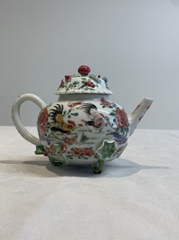 A Chinese famille rose 'rooster' teapot with applied floral design, two cups and a saucer, Yongzheng/Qianlong