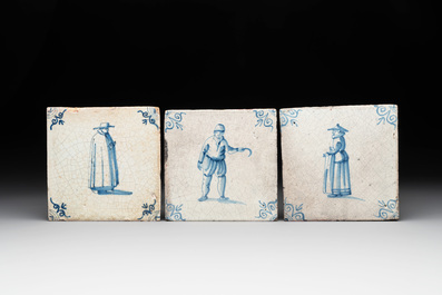 Six blue and white Dutch Delft tiles with large figures, 17th C.