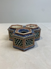A rare Chinese famille rose reticulated hexagonal inkwell, Qianlong