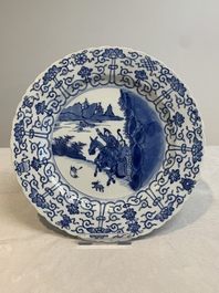 A Chinese blue and white 'heightened medallion' dish and a 'hunting' dish, Chenghua mark, Kangxi/Yongzheng