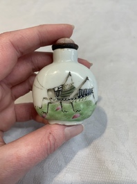 A pair of Chinese blue, white and copper-red 'mythical beasts' and a famille rose 'grasshopper' snuff bottle, Yongzheng and Daoguang mark, 19th C.