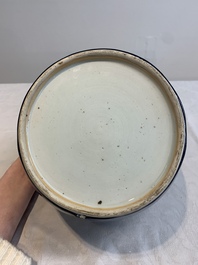A Chinese gilt-decorated blue-ground jar and cover with floral design, Qianlong
