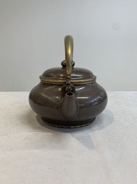 Three Chinese Thai market polished Yixing stoneware teapots with brass mounts, 19th C.