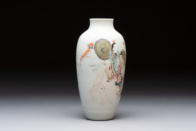 A Chinese famille rose 'deities' vase, Qianlong mark, 19/20th C.