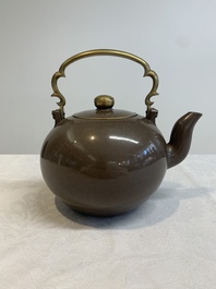 Three Chinese Thai market polished Yixing stoneware teapots with brass mounts, 19th C.