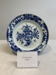 A Chinese blue and white 'heightened medallion' dish and a 'hunting' dish, Chenghua mark, Kangxi/Yongzheng