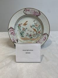 Two Chinese famille rose 'magpies and peonies' plates with bianco-sopra-bianco rims, Yongzheng