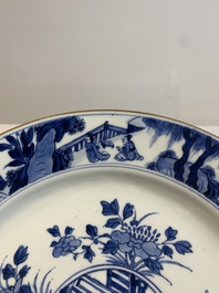 A Chinese blue and white 'heightened medallion' dish and a 'hunting' dish, Chenghua mark, Kangxi/Yongzheng