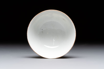 Four Chinese famille rose bowls and a blue and white bowl, Guangxu mark, 19/20th C.