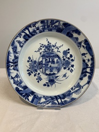 A Chinese blue and white 'heightened medallion' dish and a 'hunting' dish, Chenghua mark, Kangxi/Yongzheng