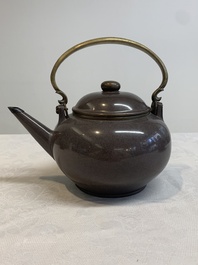 Three Chinese Thai market polished Yixing stoneware teapots with brass mounts, 19th C.