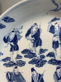 A pair of Chinese blue and white 'Eight Immortals' plates, Kangxi mark, 19th C.