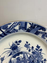 A Chinese blue and white 'heightened medallion' dish and a 'hunting' dish, Chenghua mark, Kangxi/Yongzheng