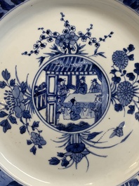 A Chinese blue and white 'heightened medallion' dish and a 'hunting' dish, Chenghua mark, Kangxi/Yongzheng