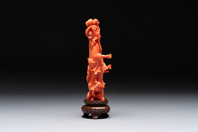 A Chinese red coral figure of a goddess on wooden stand, 19/20th C.
