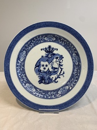 A Chinese blue and white armorial 'Marchant and Gallart accoll&eacute;' dish for the Dutch market, Qianlong