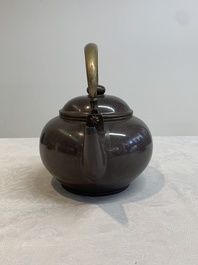 Three Chinese Thai market polished Yixing stoneware teapots with brass mounts, 19th C.