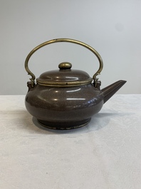 Three Chinese Thai market polished Yixing stoneware teapots with brass mounts, 19th C.
