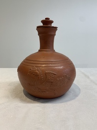 A pair of Yixing-style 'phoenix' bottle vases and covers, possibly England, 18th C.
