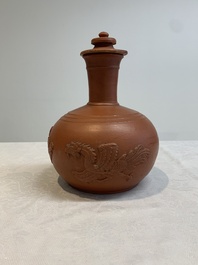 A pair of Yixing-style 'phoenix' bottle vases and covers, possibly England, 18th C.