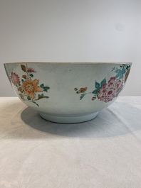 A large Chinese famille rose punch bowl with flowering and fruiting branches, Qianlong