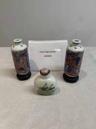 A pair of Chinese blue, white and copper-red 'mythical beasts' and a famille rose 'grasshopper' snuff bottle, Yongzheng and Daoguang mark, 19th C.
