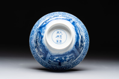 A Chinese blue and white 'klapmuts' bowl with narrative design, Kangxi mark and of the period