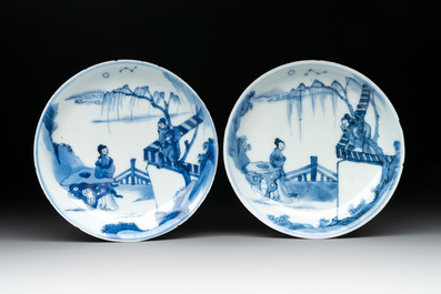 Three pairs of Chinese blue and white, famille rose and wucai saucers and plates, Tianqi and later