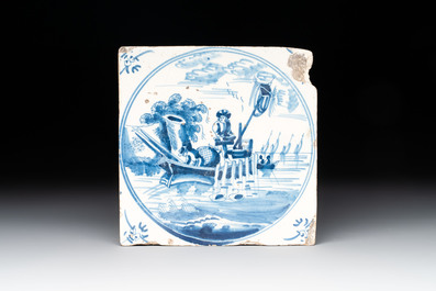 16 blue and white Dutch Delft tiles and one manganese 'ship' tile, 18th C.
